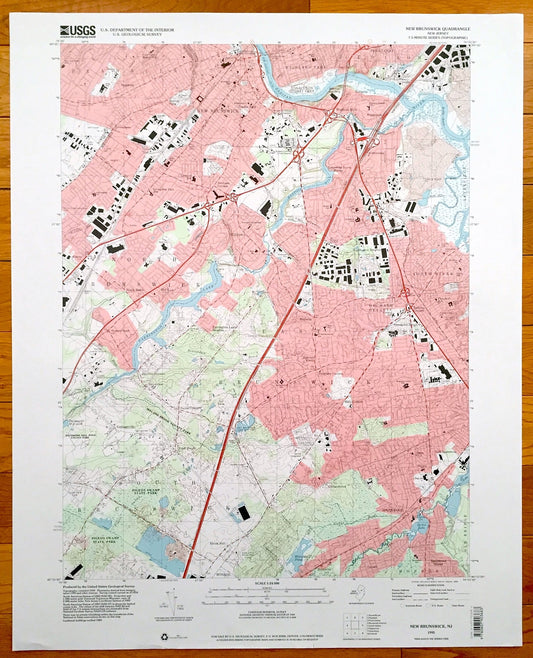 Antique New Brunswick, New Jersey 1995 US Geological Survey Topographic Map – South River, Spotswood, Highland Park, Franklin, Milltown