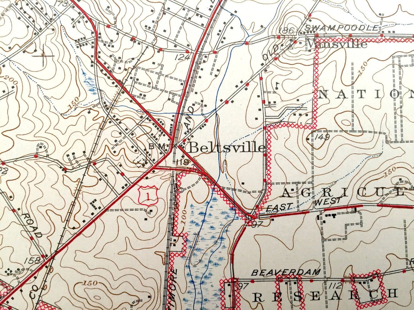 Antique Beltsville, Maryland 1945 US Geological Survey Topographic Map – Greenbelt, Hollywood, Edgewood, Montgomery, Prince Georges County