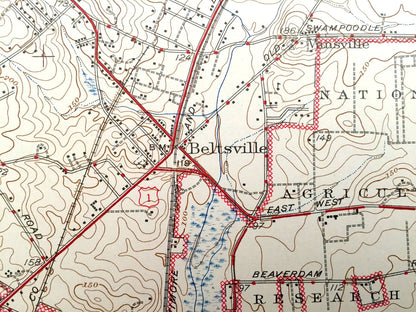 Antique Beltsville, Maryland 1945 US Geological Survey Topographic Map – Greenbelt, Hollywood, Edgewood, Montgomery, Prince Georges County