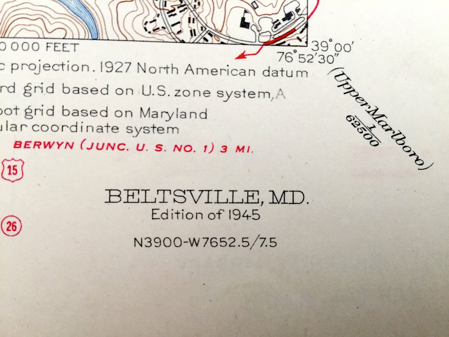 Antique Beltsville, Maryland 1945 US Geological Survey Topographic Map – Greenbelt, Hollywood, Edgewood, Montgomery, Prince Georges County