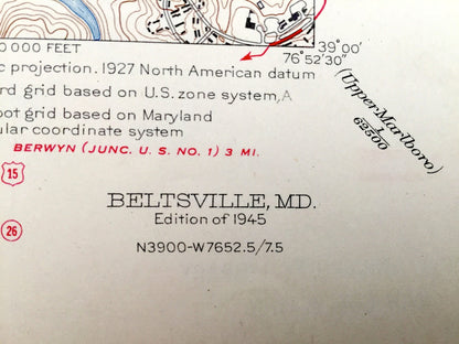 Antique Beltsville, Maryland 1945 US Geological Survey Topographic Map – Greenbelt, Hollywood, Edgewood, Montgomery, Prince Georges County
