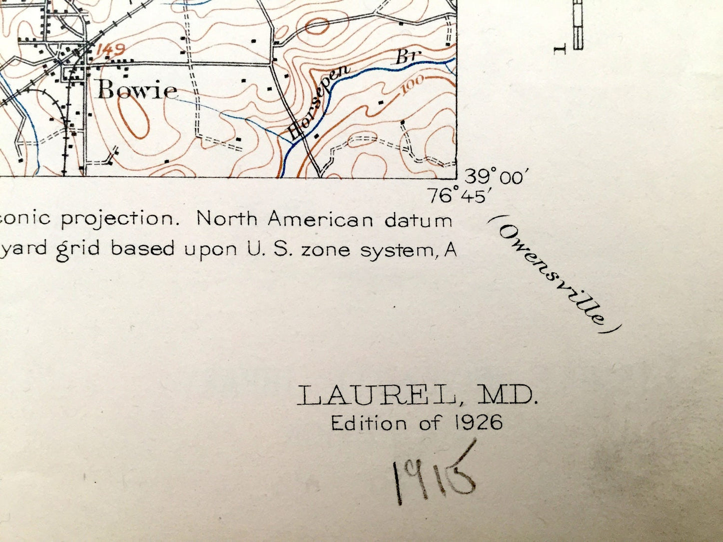 Antique Laurel, Maryland 1915 US Geological Survey Topographic Map – Hollywood, Beltsville, Greenbelt, Savage, Bowie, Jessup, Fort Meade