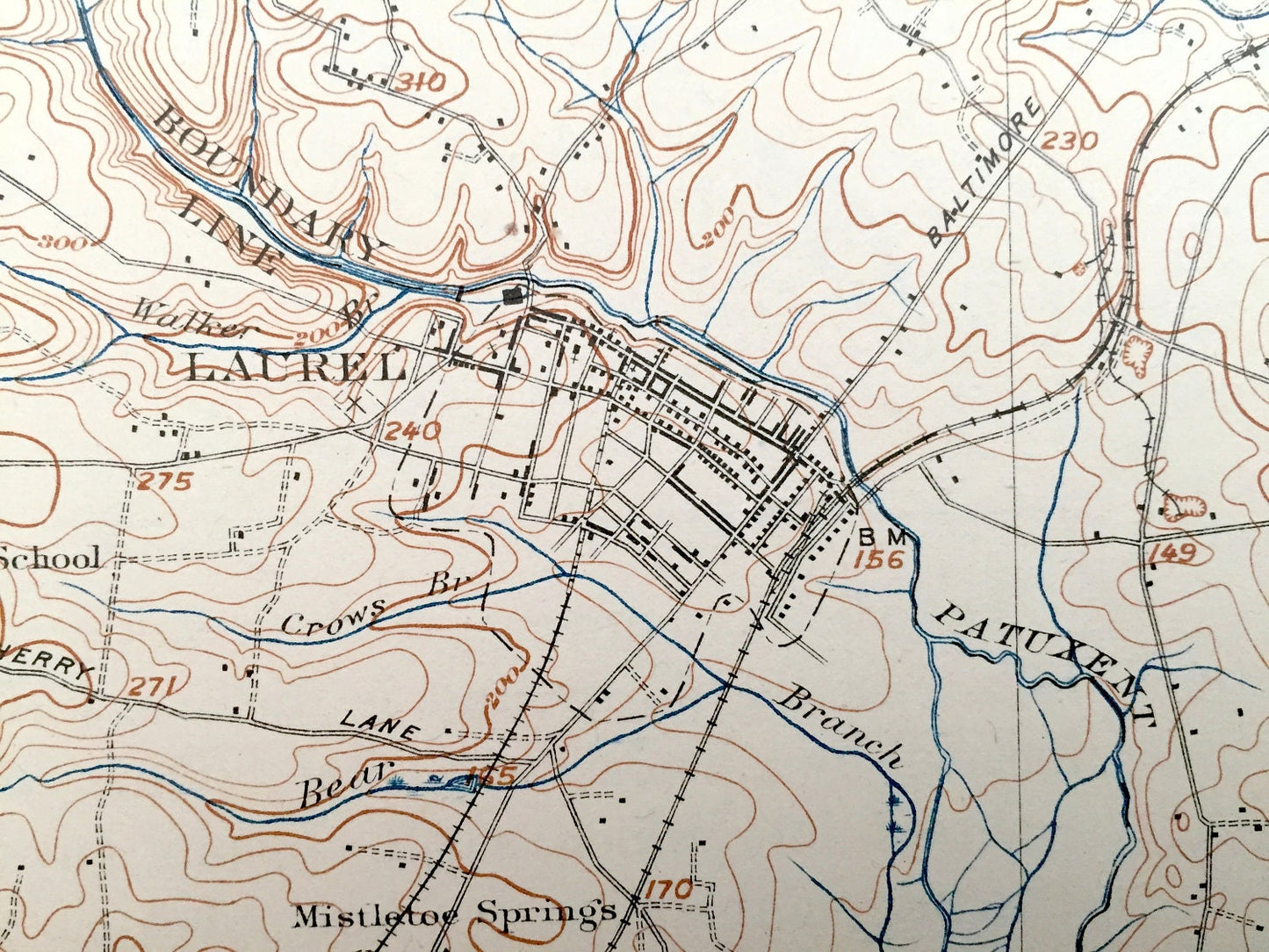 Antique Laurel, Maryland 1915 US Geological Survey Topographic Map – Hollywood, Beltsville, Greenbelt, Savage, Bowie, Jessup, Fort Meade
