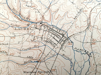 Antique Laurel, Maryland 1915 US Geological Survey Topographic Map – Hollywood, Beltsville, Greenbelt, Savage, Bowie, Jessup, Fort Meade