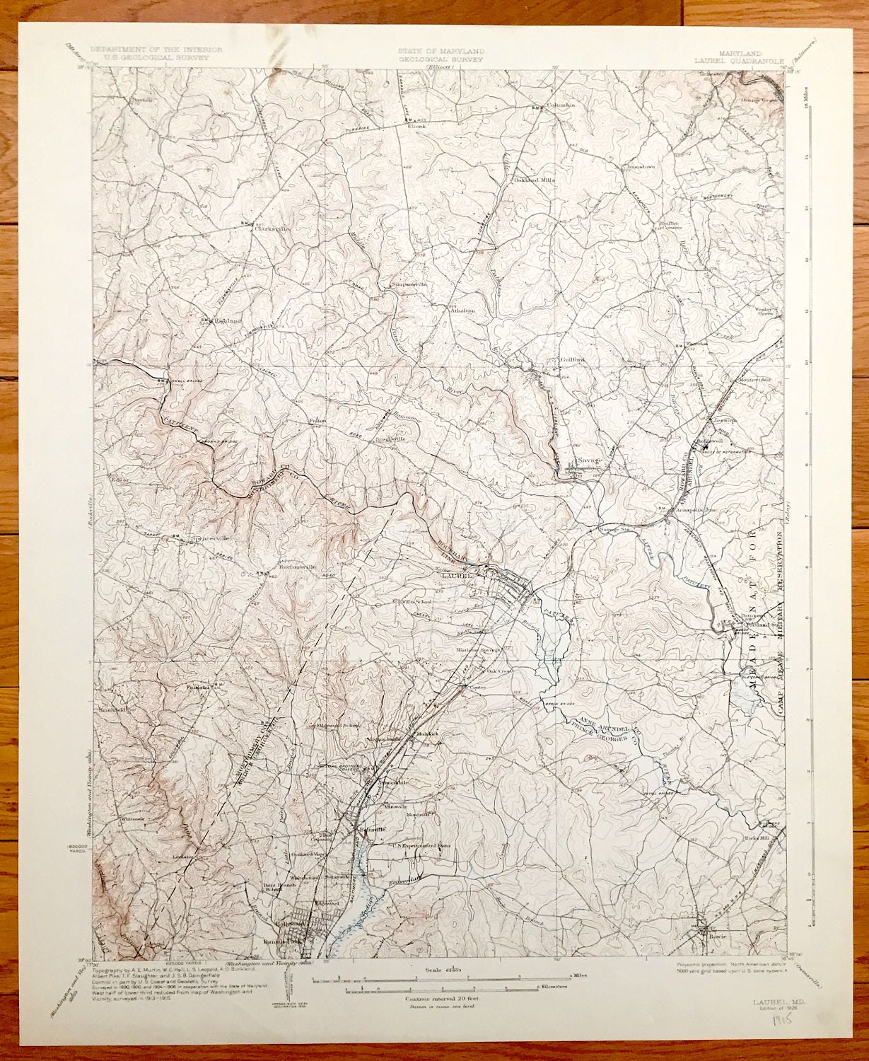 Antique Laurel, Maryland 1915 US Geological Survey Topographic Map – Hollywood, Beltsville, Greenbelt, Savage, Bowie, Jessup, Fort Meade