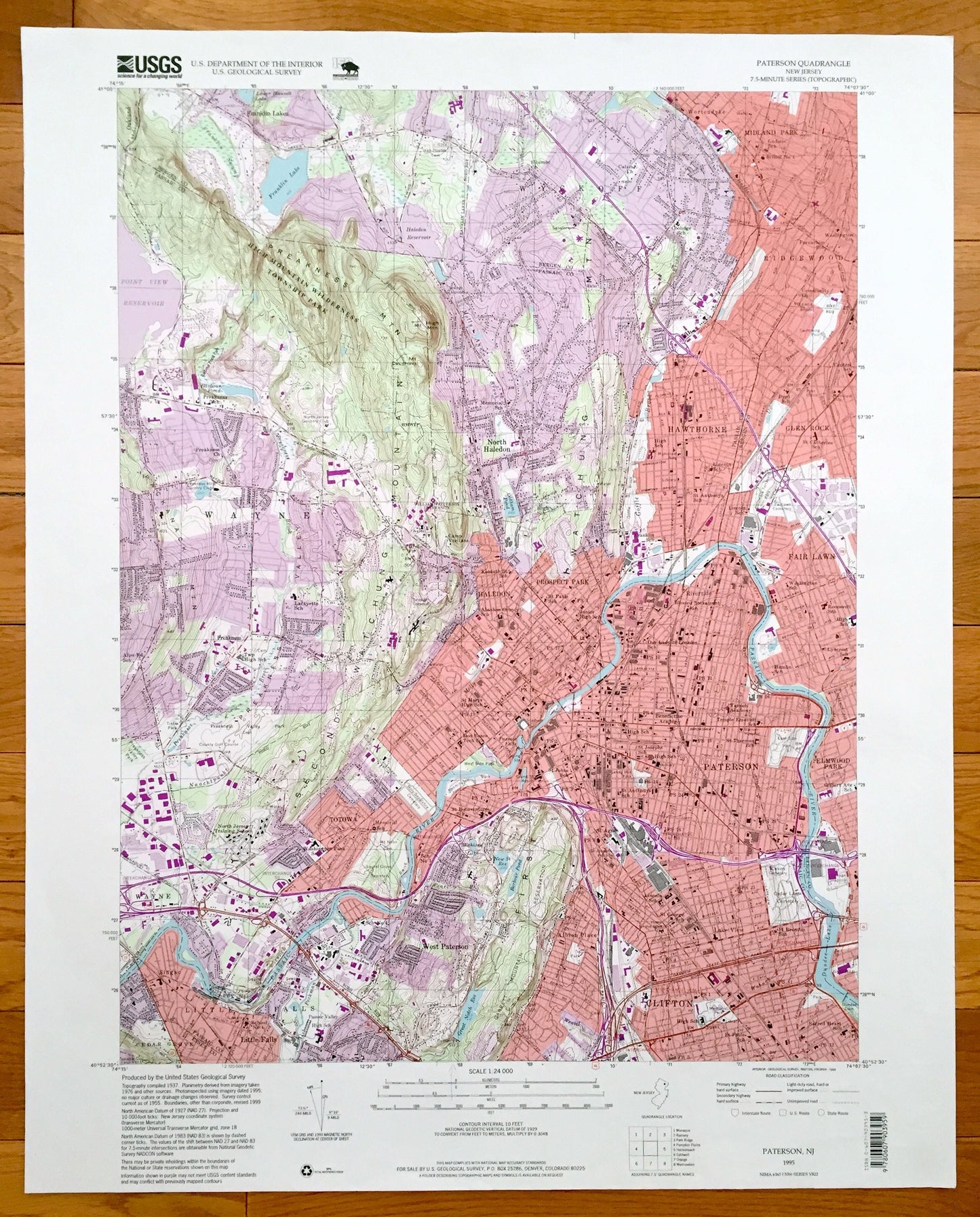 Antique Paterson, New Jersey 1995 US Geological Survey Topographic Map – Wayne, Little Falls, Hawthorne, Fair Lawn, Ridgewood, Clifton, NJ