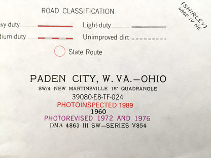 Antique Paden City, West Virginia & Lee, Ohio 1960 US Geological Survey Topographic Map – Sistersville, Ellsworth Union Sardis Wittens WV OH
