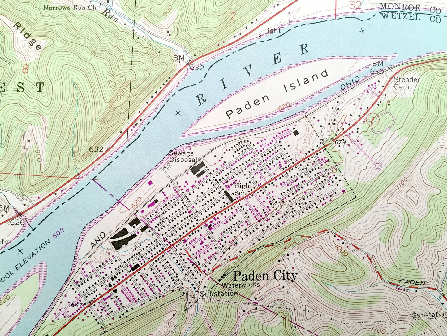 Antique Paden City, West Virginia & Lee, Ohio 1960 US Geological Survey Topographic Map – Sistersville, Ellsworth Union Sardis Wittens WV OH