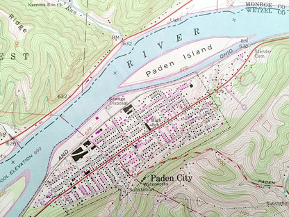Antique Paden City, West Virginia & Lee, Ohio 1960 US Geological Survey Topographic Map – Sistersville, Ellsworth Union Sardis Wittens WV OH