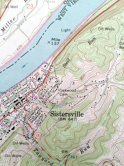 Antique Paden City, West Virginia & Lee, Ohio 1960 US Geological Survey Topographic Map – Sistersville, Ellsworth Union Sardis Wittens WV OH
