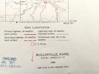 Antique Mullinville, Kansas 1969 US Geological Survey Topographic Map – Martin, Garfield, Westland, Highland, Joy, Kiowa County, Cossell
