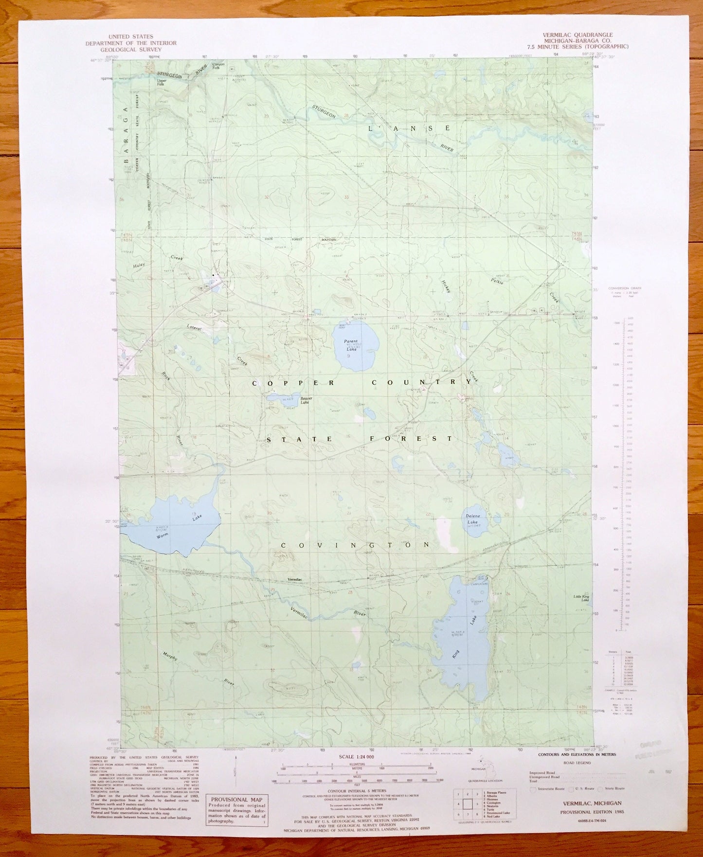 Antique Vermilac, Michigan, 1985 US Geological Survey Topographic Map – Covington, Copper Country State Forest, L'Anse, Worm Lake, Baraga