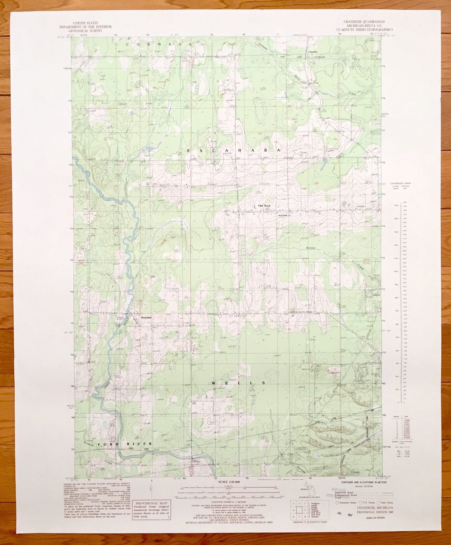 Antique Chandler, Michigan 1985 US Geological Survey Topographic Map – Escanaba, Cornell, Wells, Ford River, Flat Rock, Riverland