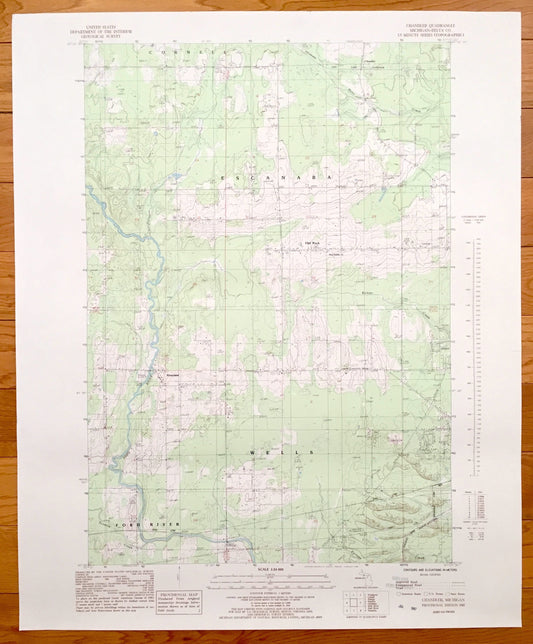 Antique Chandler, Michigan 1985 US Geological Survey Topographic Map – Escanaba, Cornell, Wells, Ford River, Flat Rock, Riverland