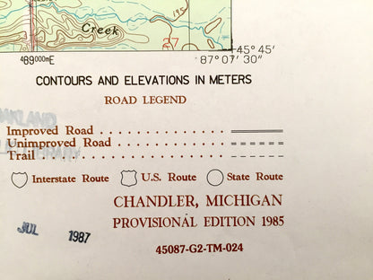 Antique Chandler, Michigan 1985 US Geological Survey Topographic Map – Escanaba, Cornell, Wells, Ford River, Flat Rock, Riverland