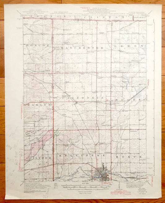 Antique Belvidere, Illinois 1918 US Geological Survey Topographic Map – Winnebago, Boone County, Caledonia, Guilford, Bonus, Wisconsin IL