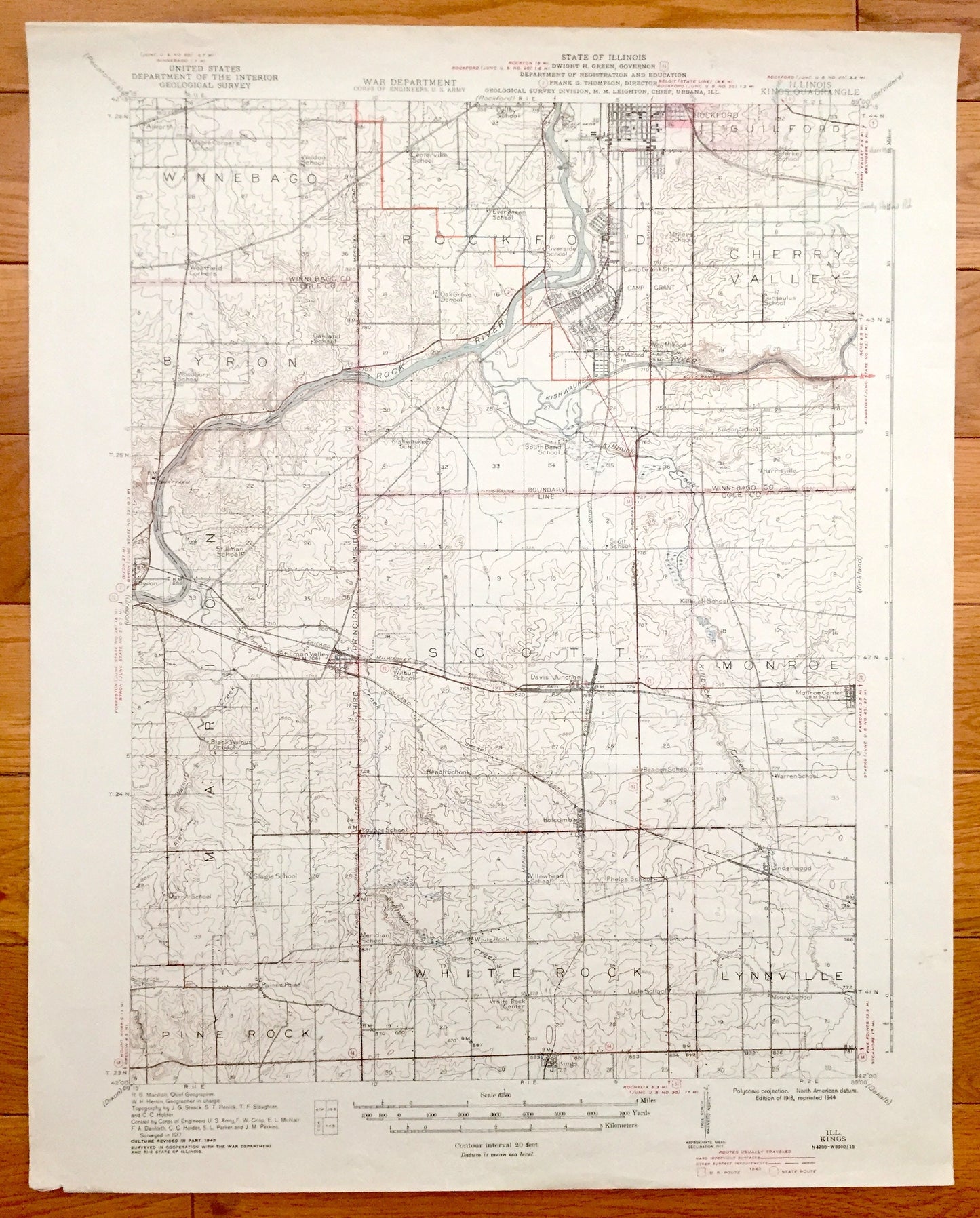 Antique Kings, Illinois 1918 US Geological Survey Topographic Map – Rockford, Camp Grant, Cherry Valley, Byron, Winnebago, Ogle County, IL