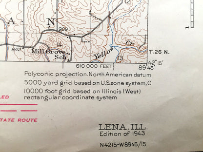 Antique Lena, Illinois 1943 US Geological Survey Topographic Map – Warren, Nora, Winslow, Pearl City, Kent, Jo Daviess, Stephenson County IL
