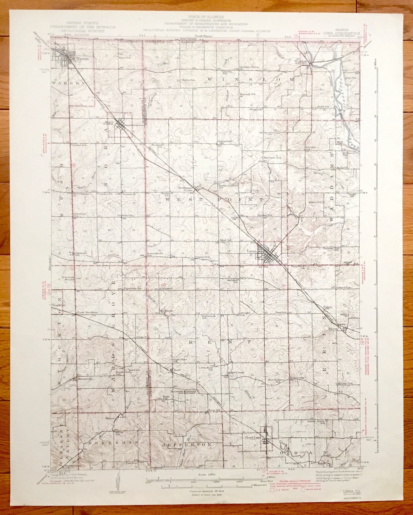 Antique Lena, Illinois 1943 US Geological Survey Topographic Map – Warren, Nora, Winslow, Pearl City, Kent, Jo Daviess, Stephenson County IL