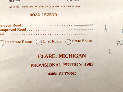 Antique Clare, Michigan 1983 US Geological Survey Topographic Map – Vernon, Grant, Farwell, Gilmore, Surrey, Lake Shamrock, Lake Thirteen MI