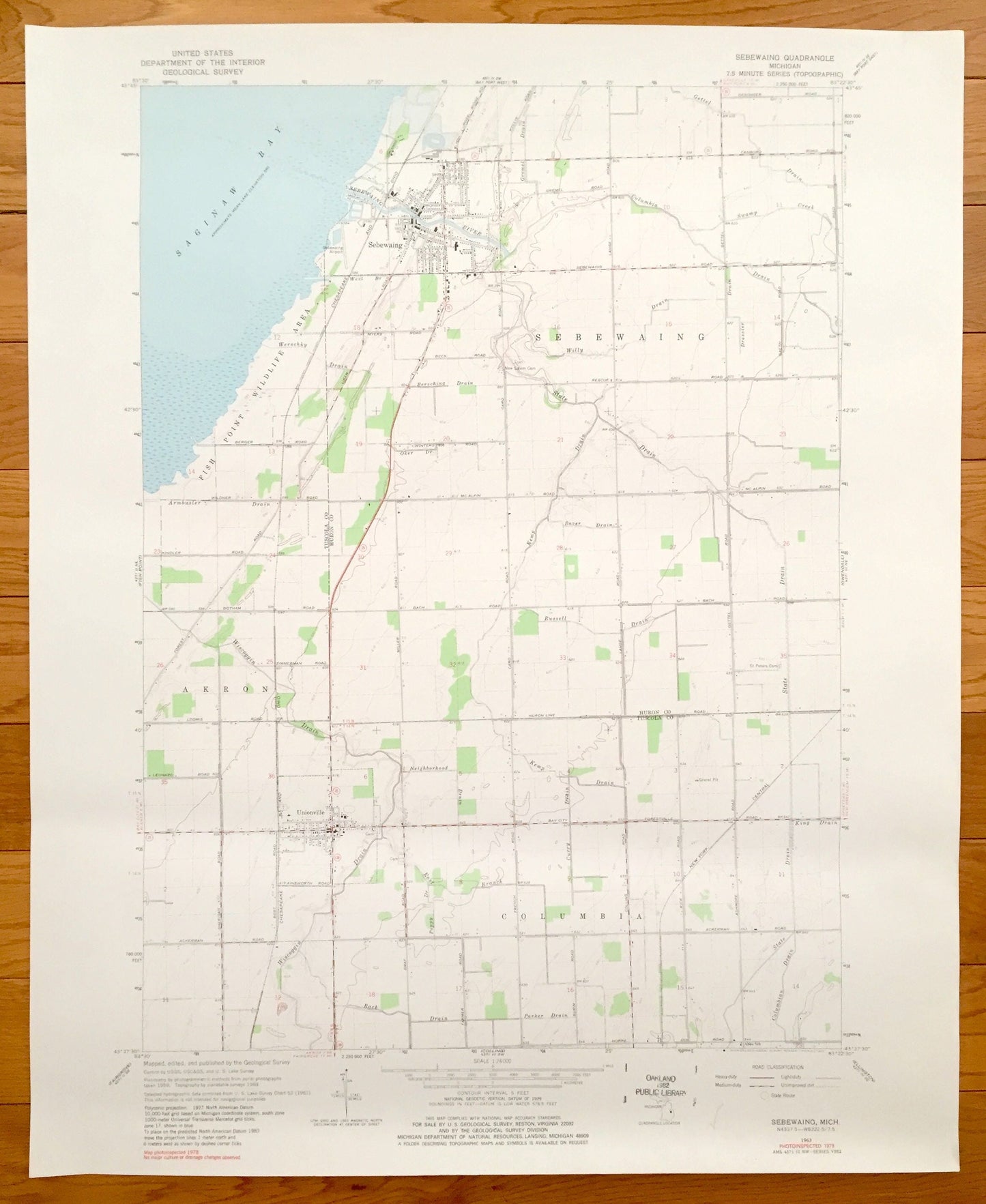 Antique Sebewaing, Michigan 1963 US Geological Survey Topographic Map –  Columbia, Unionville, Akron, Saginaw Bay, Huron & Tuscola Counties