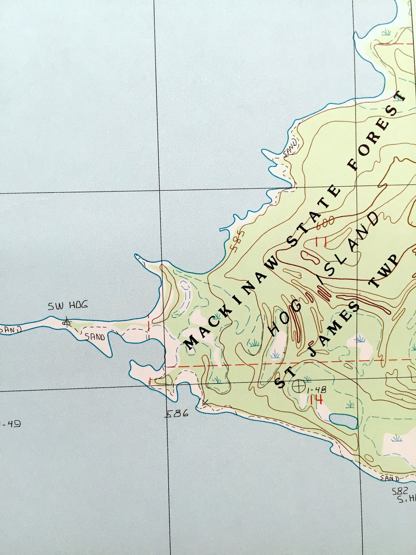 Antique Hog Island, West, Michigan 1986 US Geological Survey Topographic Map – Lake Michigan, Mackinaw State Forest, St James Township