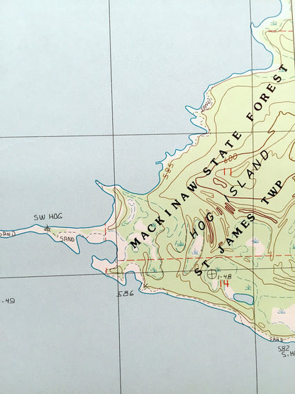 Antique Hog Island, West, Michigan 1986 US Geological Survey Topographic Map – Lake Michigan, Mackinaw State Forest, St James Township