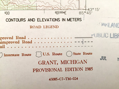 Antique Grant, Michigan 1985 US Geological Survey Topographic Map – Ashland, Casnovia, Tyrone, Bailey, Half Moon Lake Blanch Moore County MI