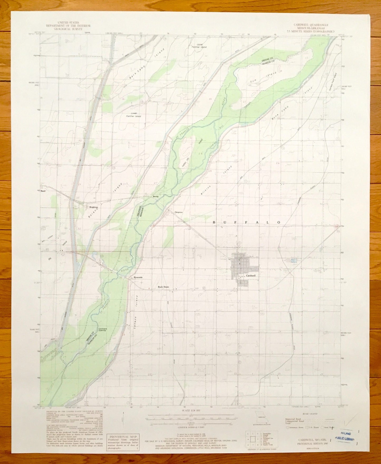 Antique Cardwell, Missouri & Brighton, Arkansas, 1983 US Geological Survey Topographic Map – Bard, Buck Donic, Riverside, Barkcamp Island