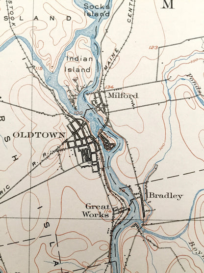 Antique Orono & Old Town, Maine 1902 US Geological Survey Topographic Map – Penobscot County, University of, Bradley, Clifton, Bangor, ME