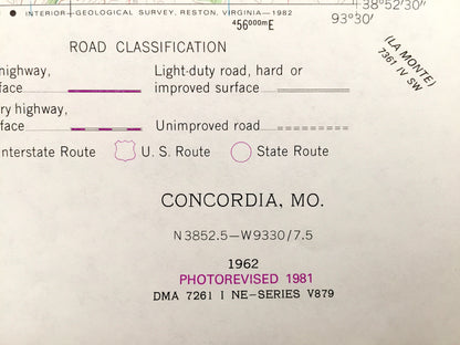 Antique Concordia, Missouri 1962 US Geological Survey Topographic Map – Freedom, Grover, Lafayette, Johnson County, Ralph Martha Perry MO