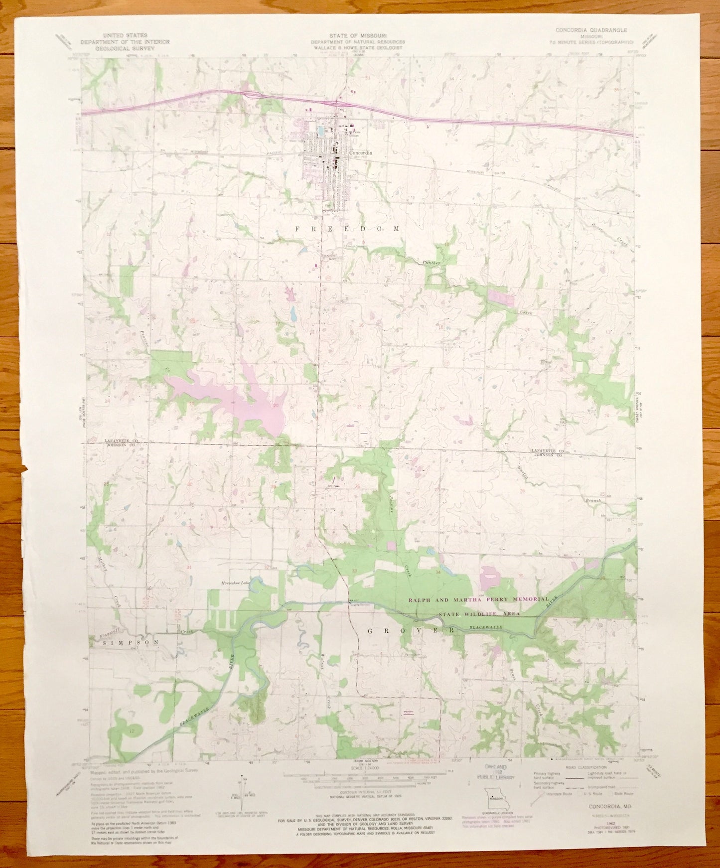 Antique Concordia, Missouri 1962 US Geological Survey Topographic Map – Freedom, Grover, Lafayette, Johnson County, Ralph Martha Perry MO