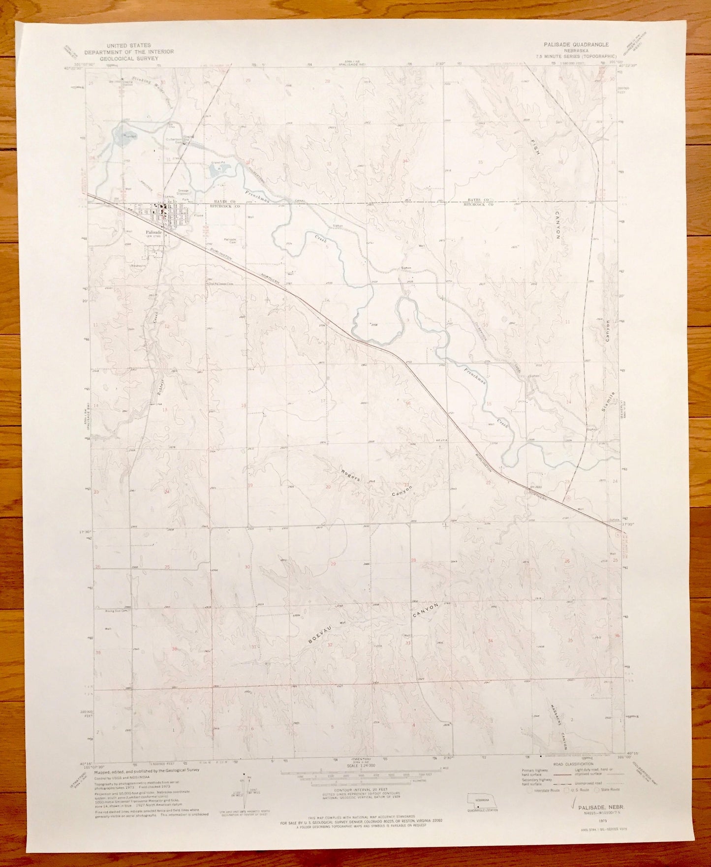 Antique Palisade, Nebraska 1973 US Geological Survey Topographic Map – Boevau Canyon, Sixmile Canyon, Hayes County, Hitchcock County