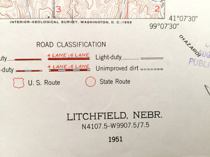 Antique Litchfield, Nebraska 1951 US Geological Survey Topographic Map – Elk Creek, Scott, Harrison, Algernon, Elm, Sherman & Custer County