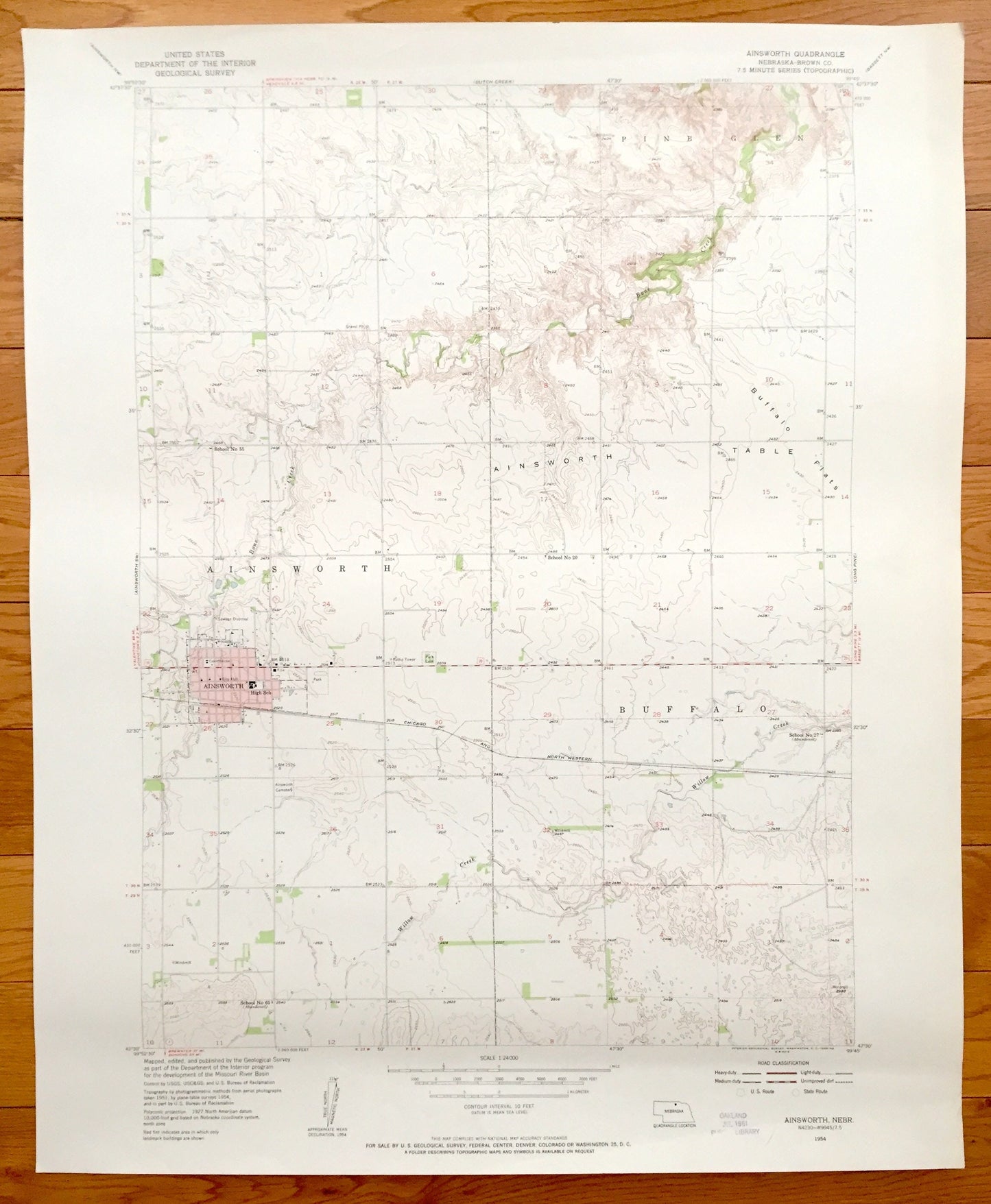 Antique Ainsworth, Nebraska 1954 US Geological Survey Topographic Map – Buffalo, Pine Glen, Brown County, Buffalo Flats, Ainsworth Table, NE
