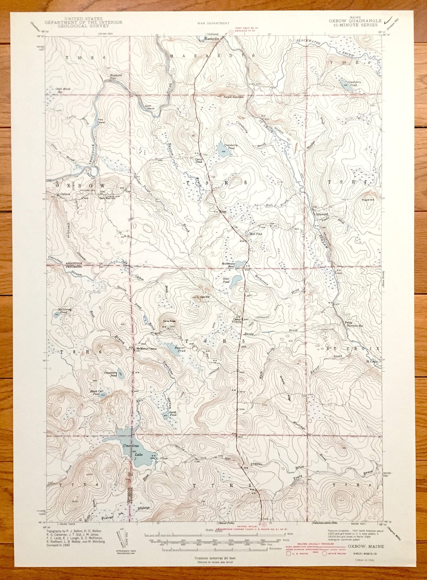 Antique Oxbow, Maine 1942 US Geological Survey Topographic Map – Masardis, Griswold, Pride, St. Croix, Umcolcus Lake, Aroostook, Penobscot
