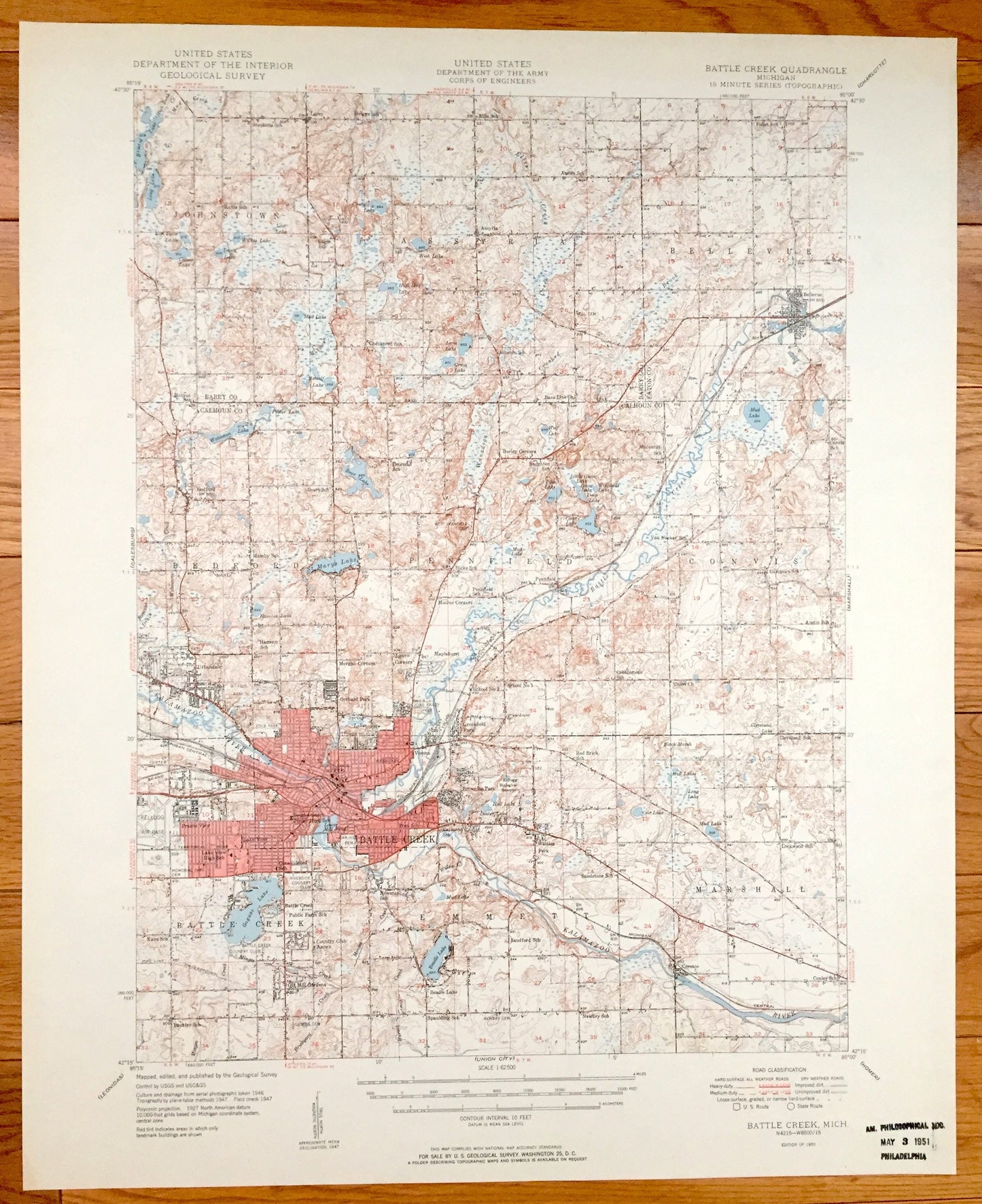 Antique Battle Creek, Michigan 1950 US Geological Survey Topographic Map – Bellevue, Assyria, Pennfield, Bedford, Emmett, Calhoun County, MI