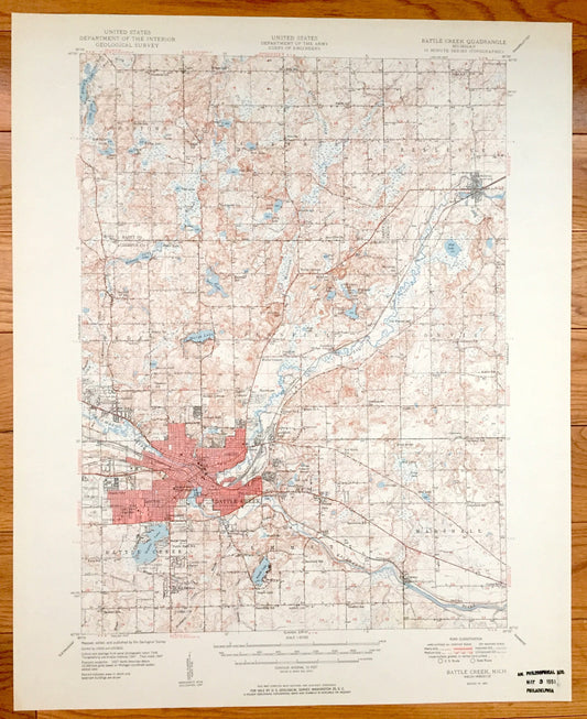 Antique Battle Creek, Michigan 1950 US Geological Survey Topographic Map – Bellevue, Assyria, Pennfield, Bedford, Emmett, Calhoun County, MI