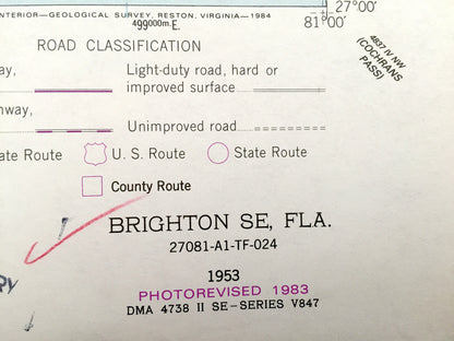 Antique Brighton Indian Reservation, Florida 1953 US Geological Survey Topographic Map – Lake Okeechobee, Glades County, Sarasota Colony