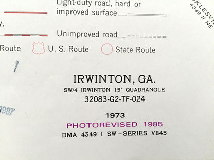 Antique Irwinton, Georgia 1973 US Geological Survey Topographic Map – Dedrich, McIntyre, Edgars, Wriley, Wilkinson County, Macon