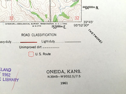 Antique Oneida, Kansas 1961 US Geological Survey Topographic Map – Gilman, Rock Creek, Adams, Capioma, Nemaha County