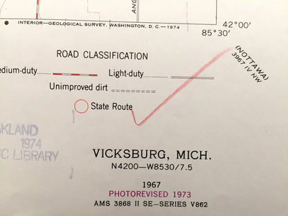 Antique Vicksburg, Michigan 1967 US Geological Survey Topographic Map – Mendon, Brady, School Craft, Park, Parkville, Barton Lake, MI