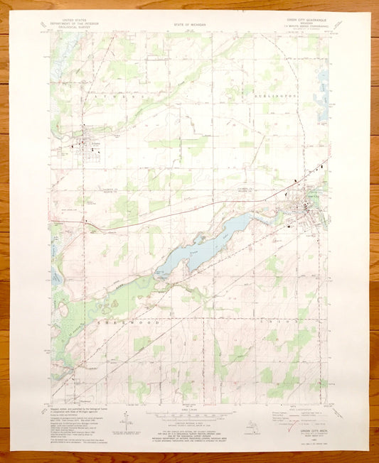 Antique Union City, Michigan 1982 US Geological Survey Topographic Map – Burlington, Athens, Sherwood, Union, Calhoun County, Branch County