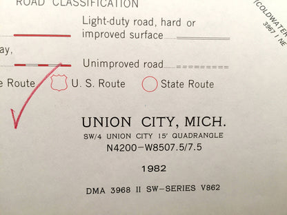Antique Union City, Michigan 1982 US Geological Survey Topographic Map – Burlington, Athens, Sherwood, Union, Calhoun County, Branch County