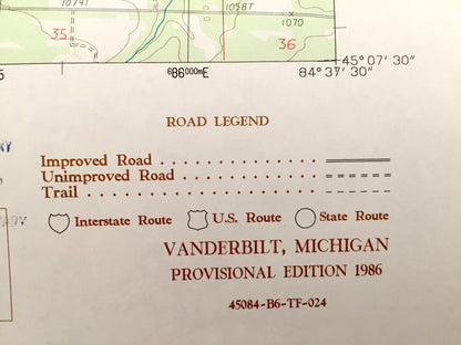 Antique Vanderbilt, Michigan 1986 US Geological Survey Topographic Map – Corwith, Wilmot, Chandler, Hudson, Cheboygan County, Otsego County