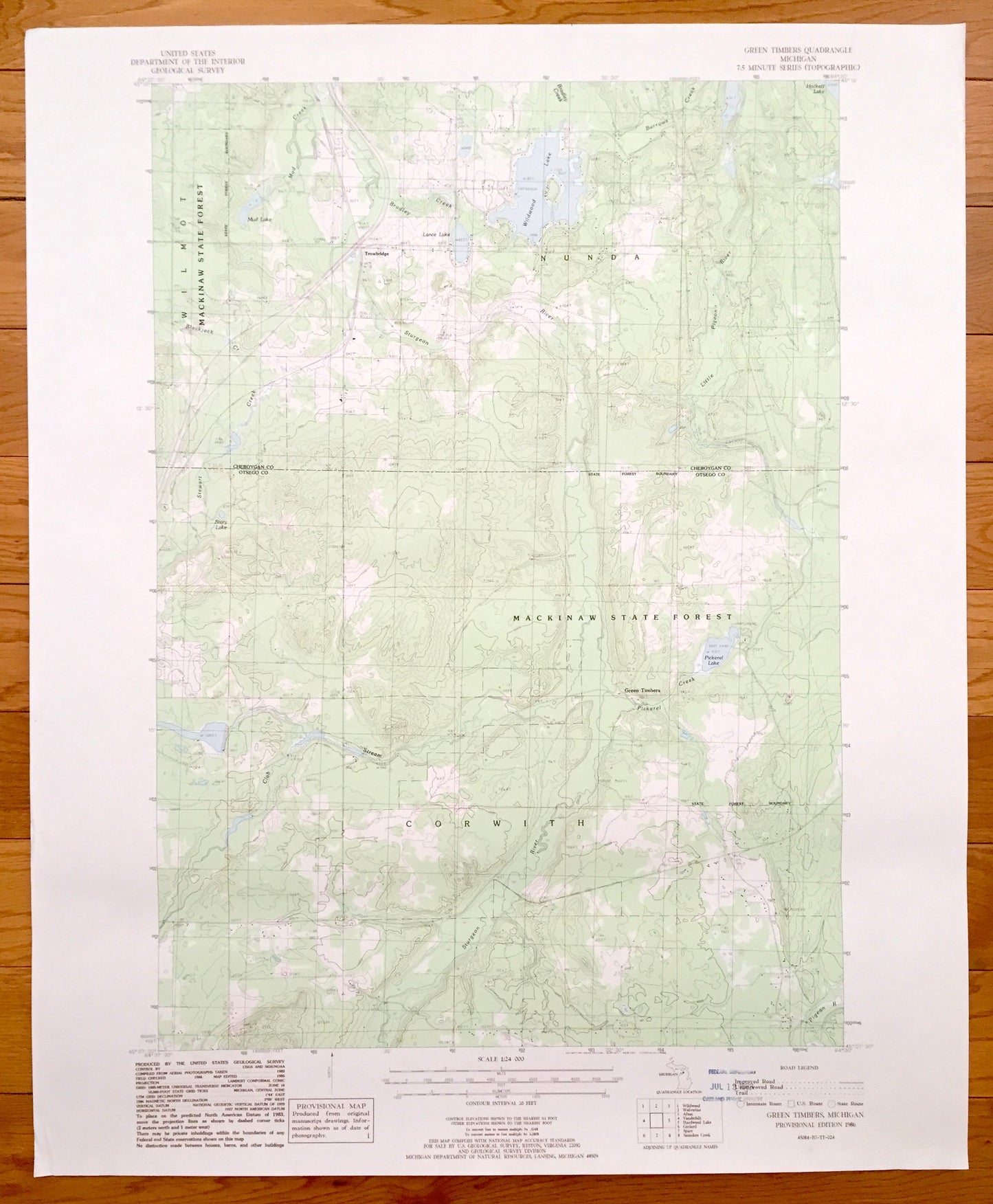 Antique Green Timbers, Michigan 1986 US Geological Survey Topographic Map – Corwith, Nunda, Wilmont, Trowbridge, Wildwood Lake