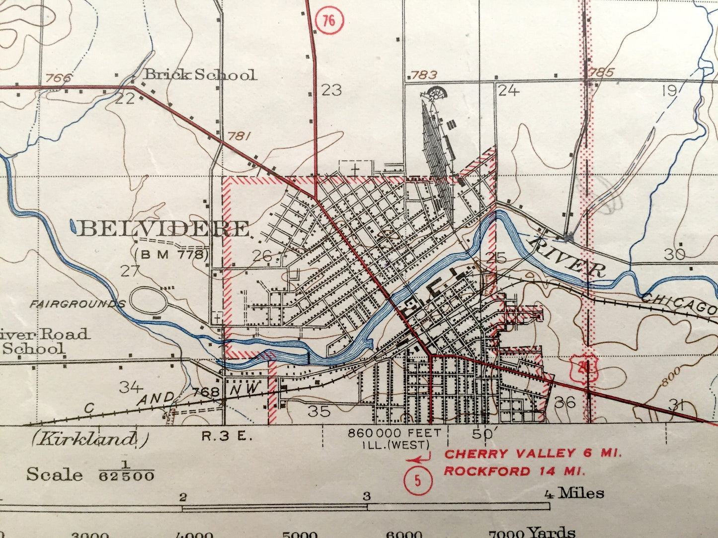 Antique Belvidere, Illinois 1918 US Geological Survey Topographic Map – Winnebago, Boone County, Caledonia, Guilford, Bonus, Wisconsin IL