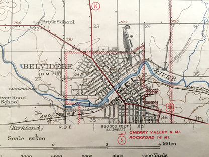 Antique Belvidere, Illinois 1918 US Geological Survey Topographic Map – Winnebago, Boone County, Caledonia, Guilford, Bonus, Wisconsin IL