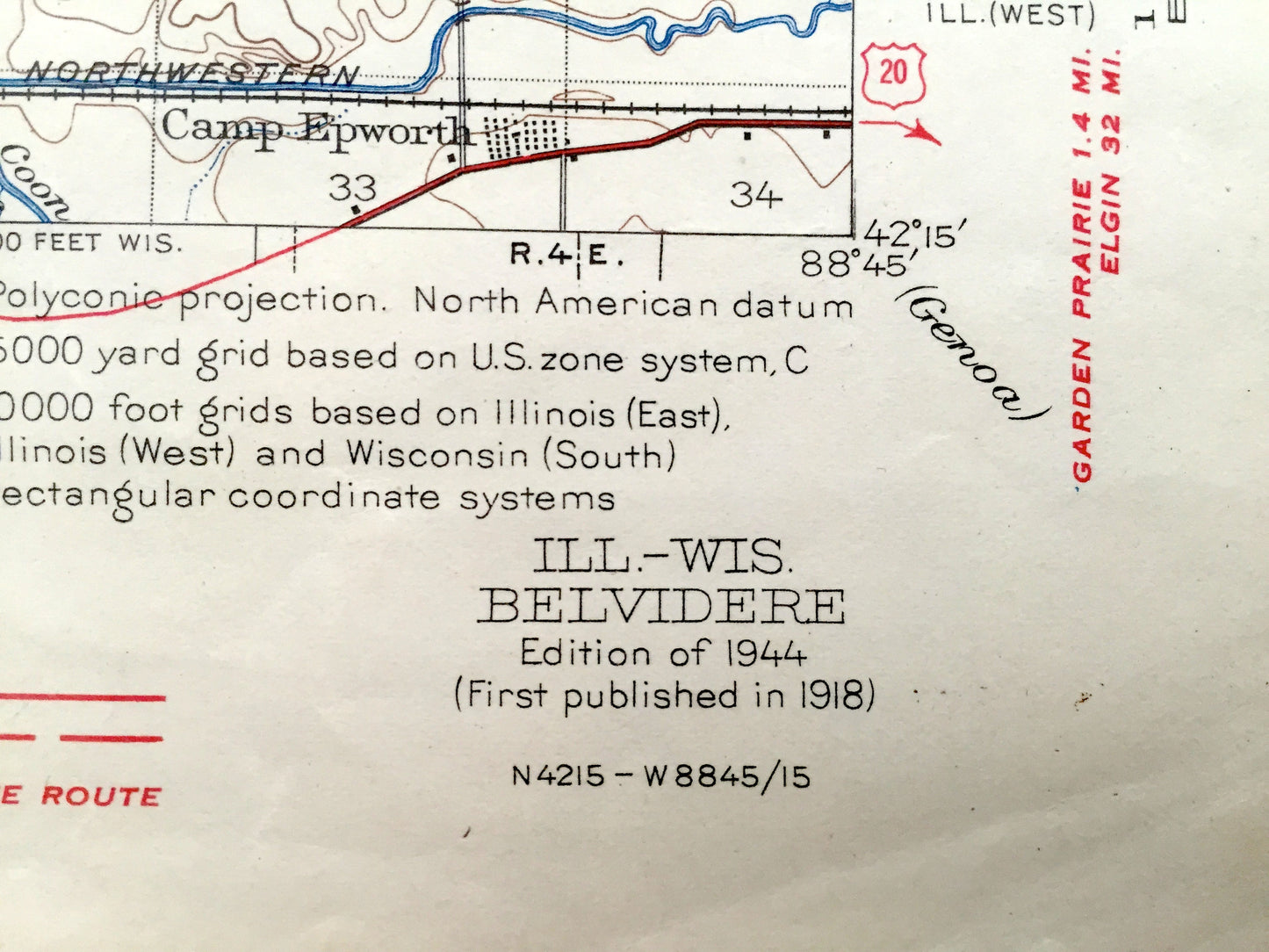 Antique Belvidere, Illinois 1918 US Geological Survey Topographic Map – Winnebago, Boone County, Caledonia, Guilford, Bonus, Wisconsin IL