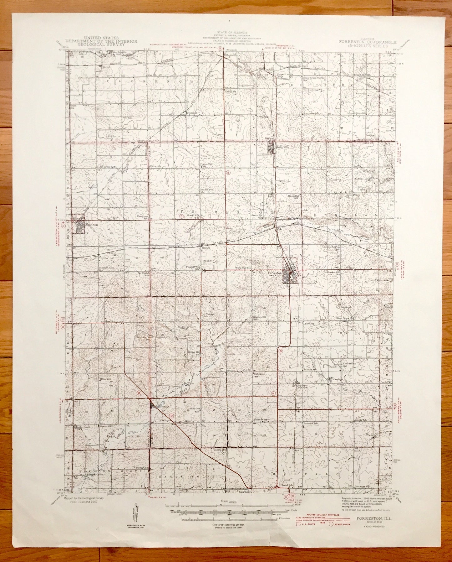 Antique Forreston, Illinois 1945 US Geological Survey Topographic Map – Shannon, Baileyville, Haldane, Stephenson, Carroll, Ogle County